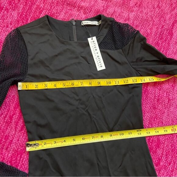 Alice + Olivia Kaine Mesh Insert Asymmetrical Hem Midi Dress Black Size 2 - Picture 13 of 16